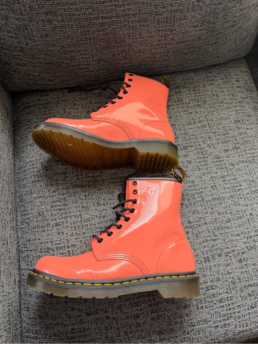 Dr. Martens Coral Orange Patent Lace-Up Combat Boots - Picture 2 of 6